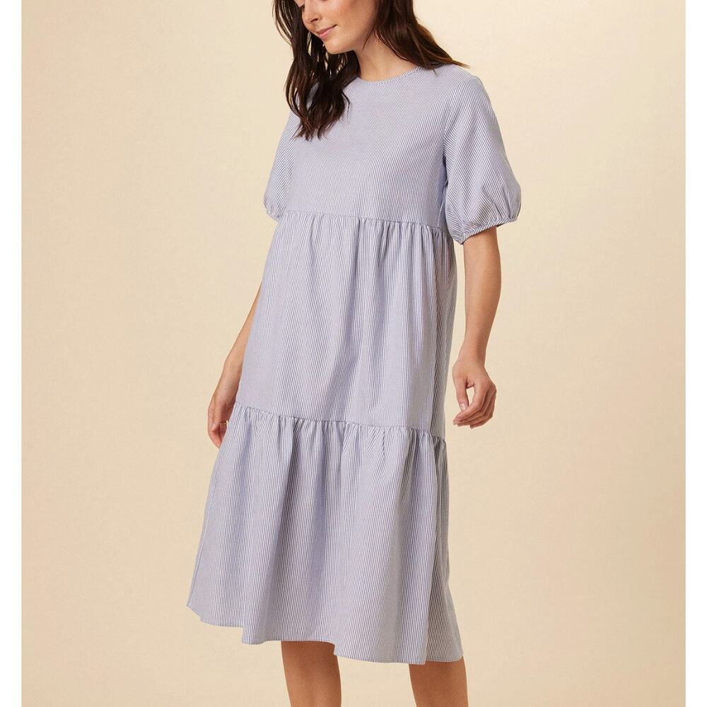 Amour Vert Size Large NEW Adele Dress Shift Navy Stripe Tiered Short Sleeve Midi